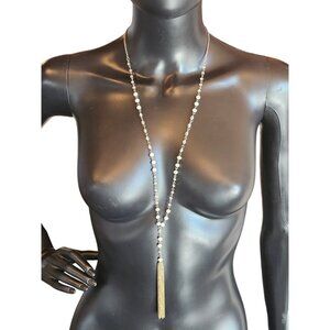 Gold/White Crystal Bead Long Tassel Necklace